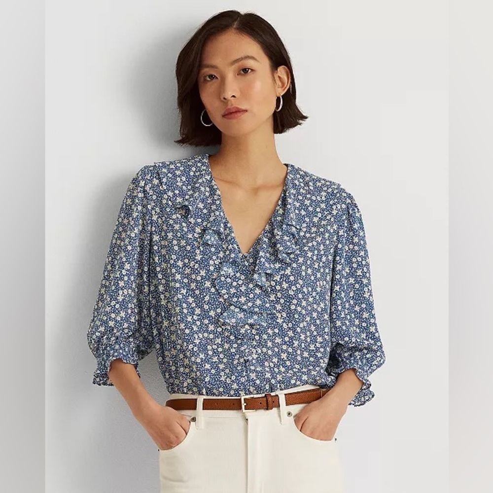 Lauren Ralph Luren Blue Floral V Neck Collar Pearl Button Shirt Size 1X